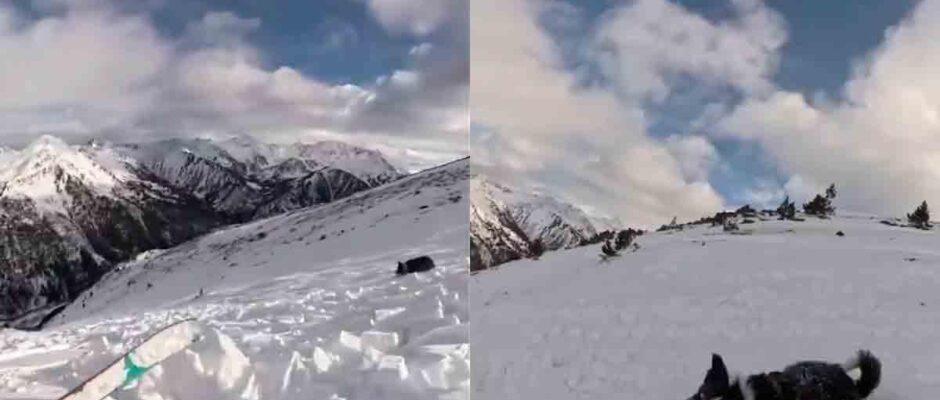 Esquiadora provoca aterradora avalancha y queda atrapada con su perrito