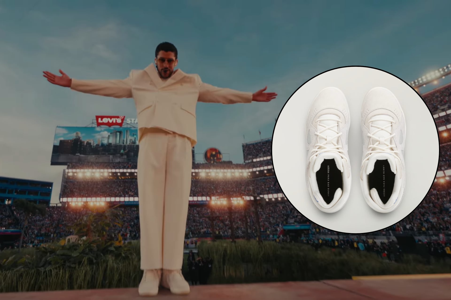 Los tenis Adidas de Bad Bunny vendidos a 2.500 dólares cada uno durante su participación en el Super Bowl.